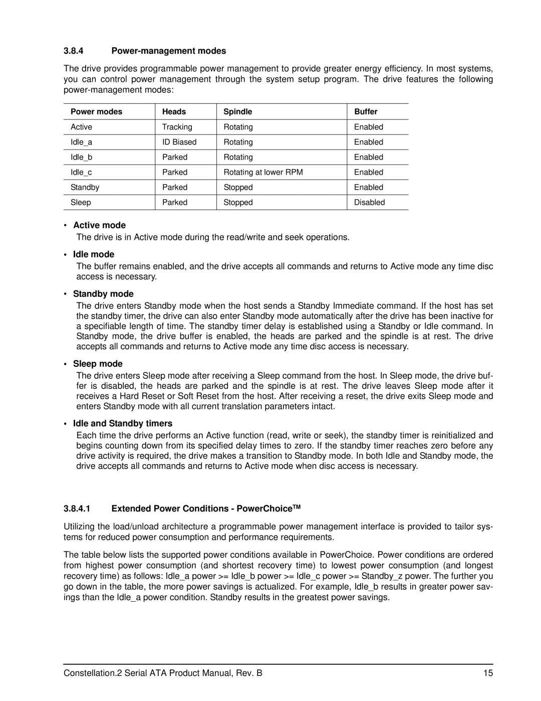 Seagate ST9250610NS, ST9500622NS manual Power-management modes, Active mode, Idle mode, Sleep mode, Idle and Standby timers 