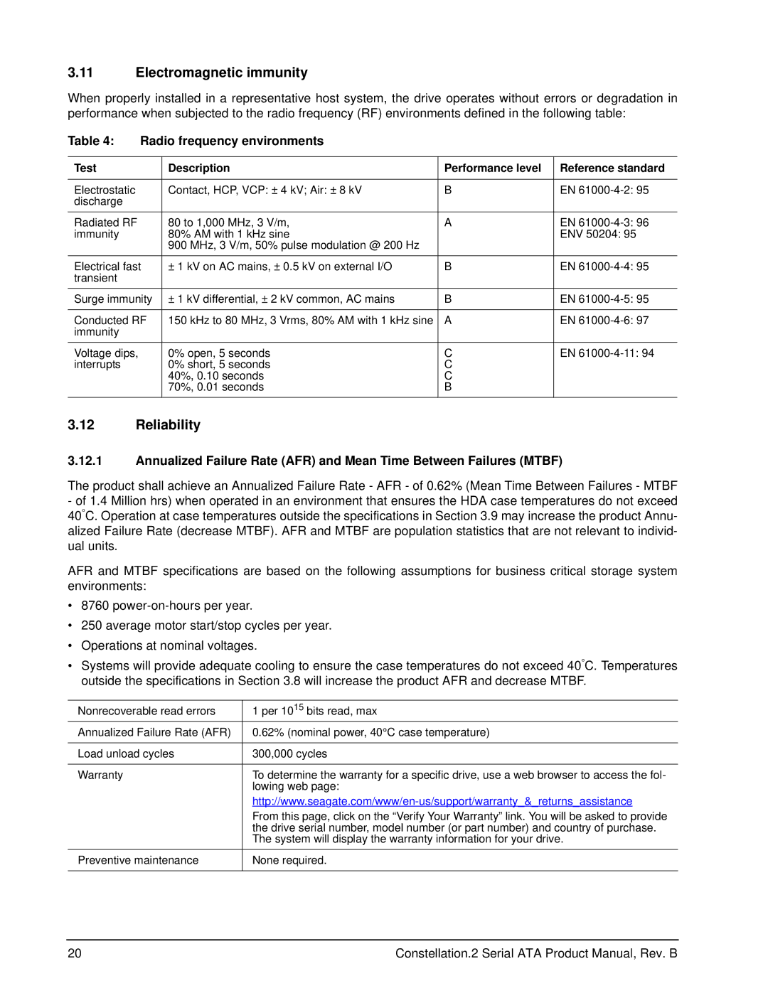 Seagate ST91000640NS, ST9500622NS, ST9500621NS manual Electromagnetic immunity, Reliability, Radio frequency environments 