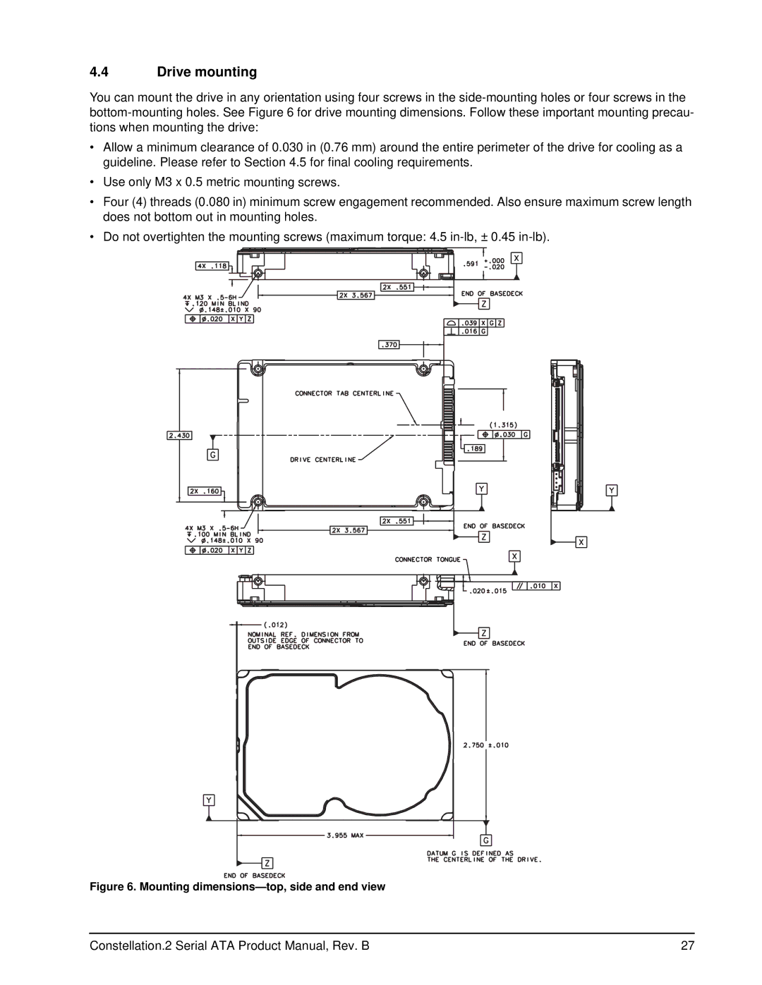 Seagate ST91000642NS, ST9500622NS, ST9500621NS, ST9500620NS manual Drive mounting, Mounting dimensions-top, side and end view 