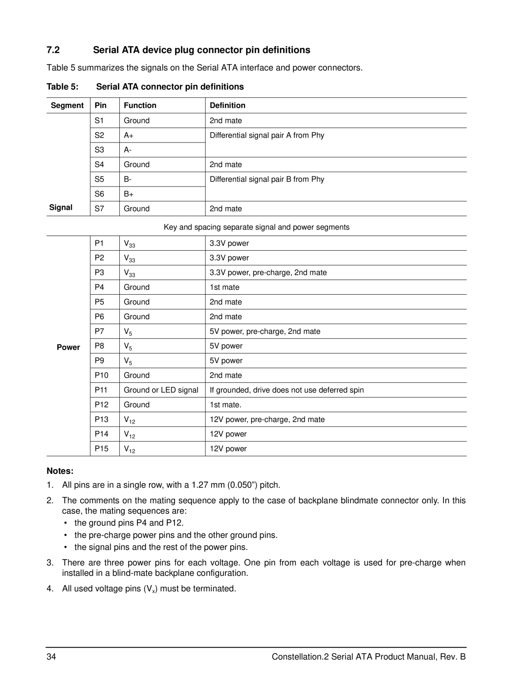 Seagate ST9250612NS manual Serial ATA device plug connector pin definitions, Serial ATA connector pin definitions, Signal 