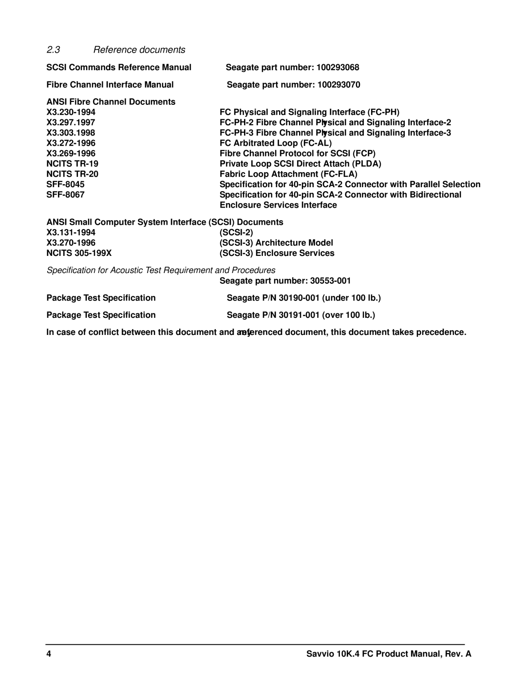 Seagate ST900MM0036, ST9600204FC, ST9450404FC, ST300MM0026, ST900MM0026, ST600MM0026 manual Reference documents, Ncits TR-19 