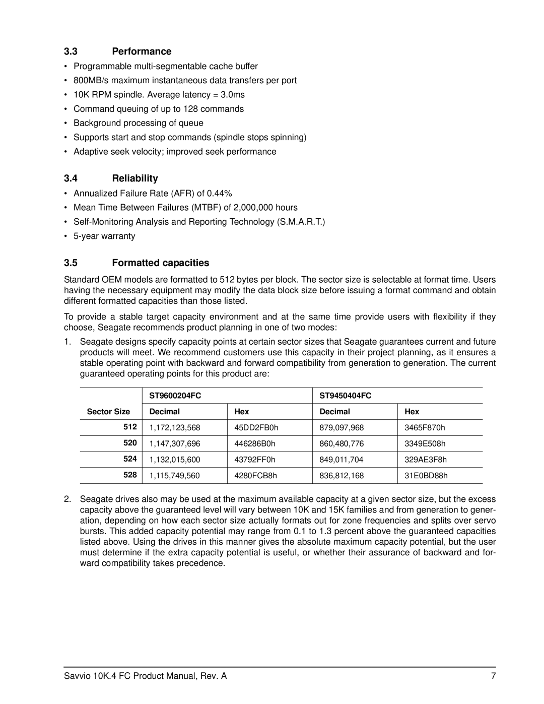 Seagate ST450MM0026, ST9600204FC, ST9450404FC, ST300MM0026, ST900MM0036 manual Performance, Reliability, Formatted capacities 