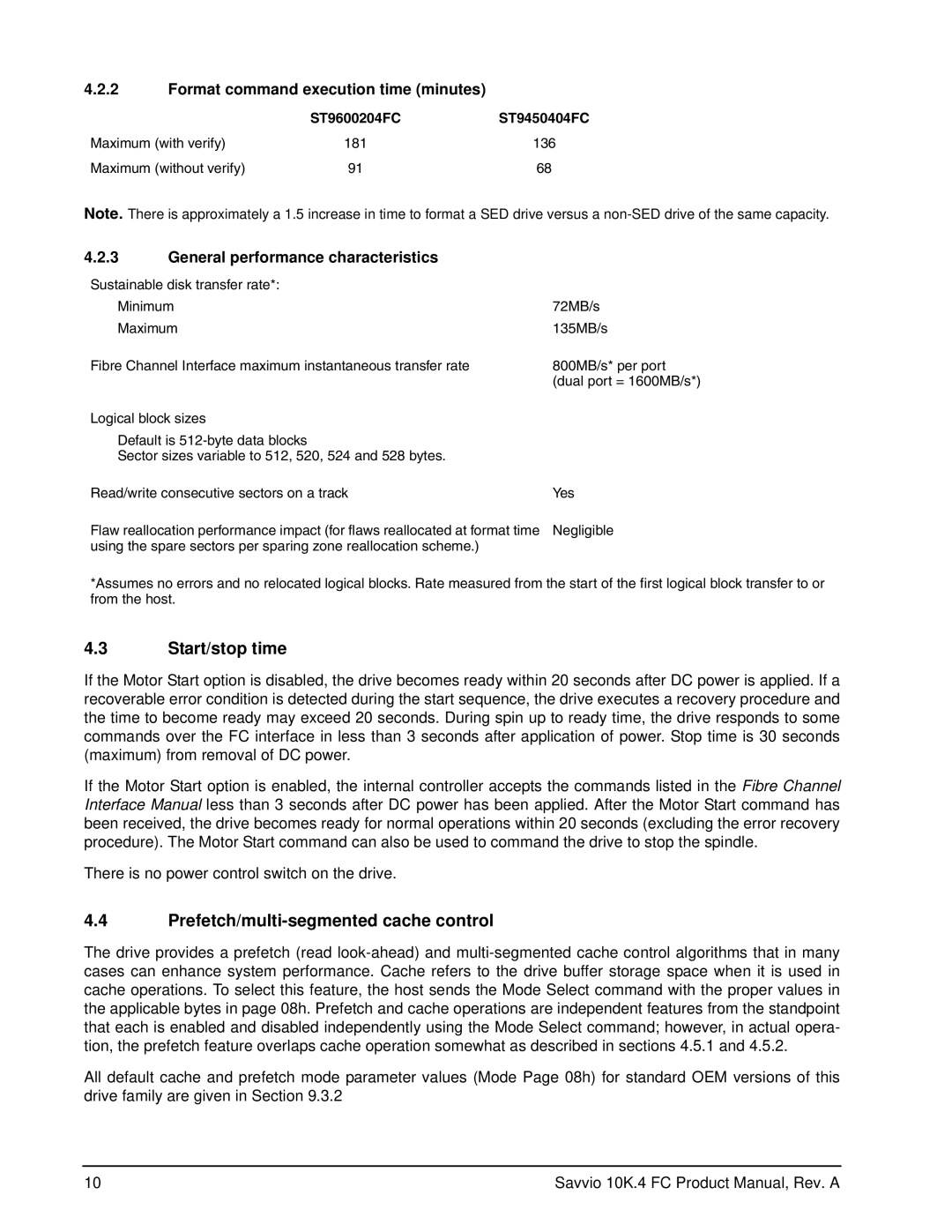 Seagate ST300MM0026 manual Start/stop time, Prefetch/multi-segmented cache control, Format command execution time minutes 