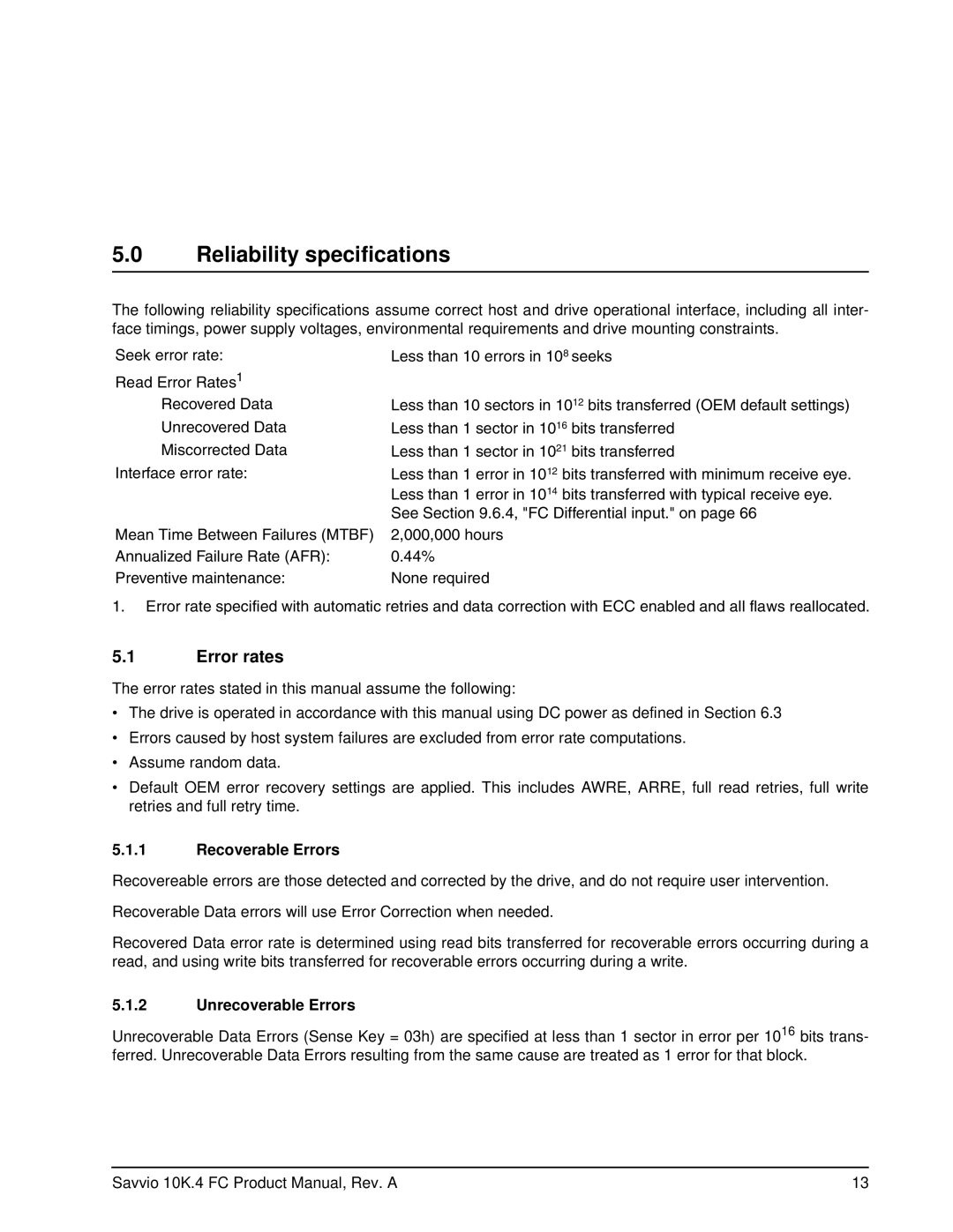 Seagate ST600MM0026, ST9600204FC manual Reliability specifications, Error rates, Recoverable Errors, Unrecoverable Errors 