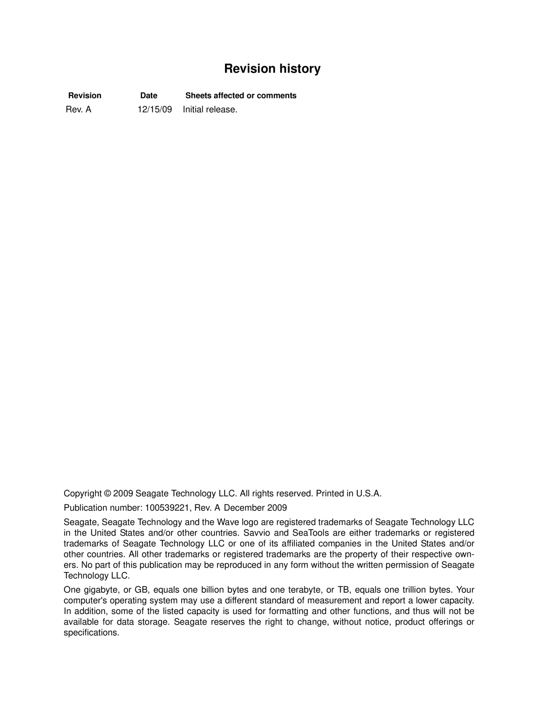 Seagate ST9450304SS, ST9600204SS, ST9600104SS, ST9450404SS manual Revision history, Rev. a 12/15/09 Initial release 