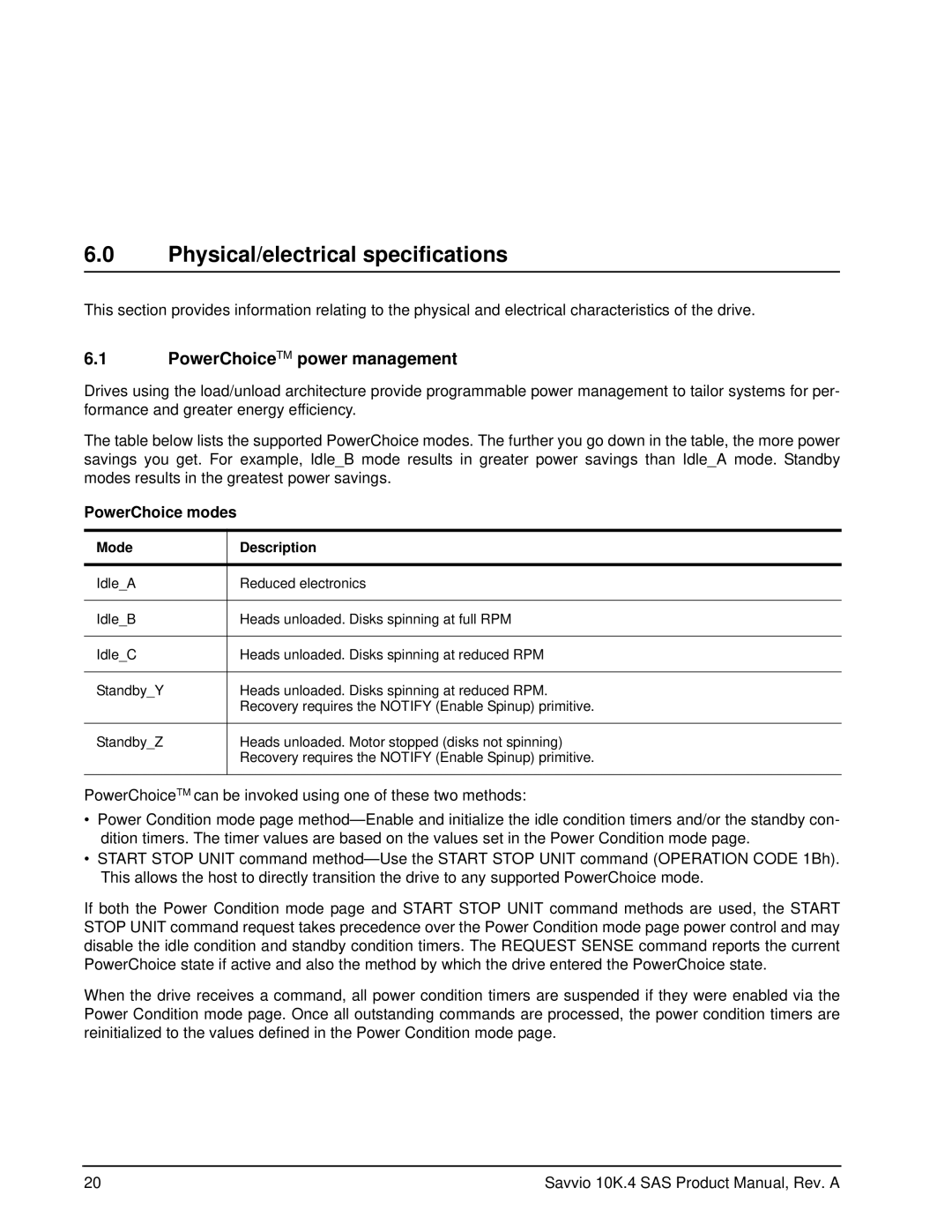 Seagate ST9600204SS, ST9600104SS Physical/electrical specifications, PowerChoiceTM power management, PowerChoice modes 