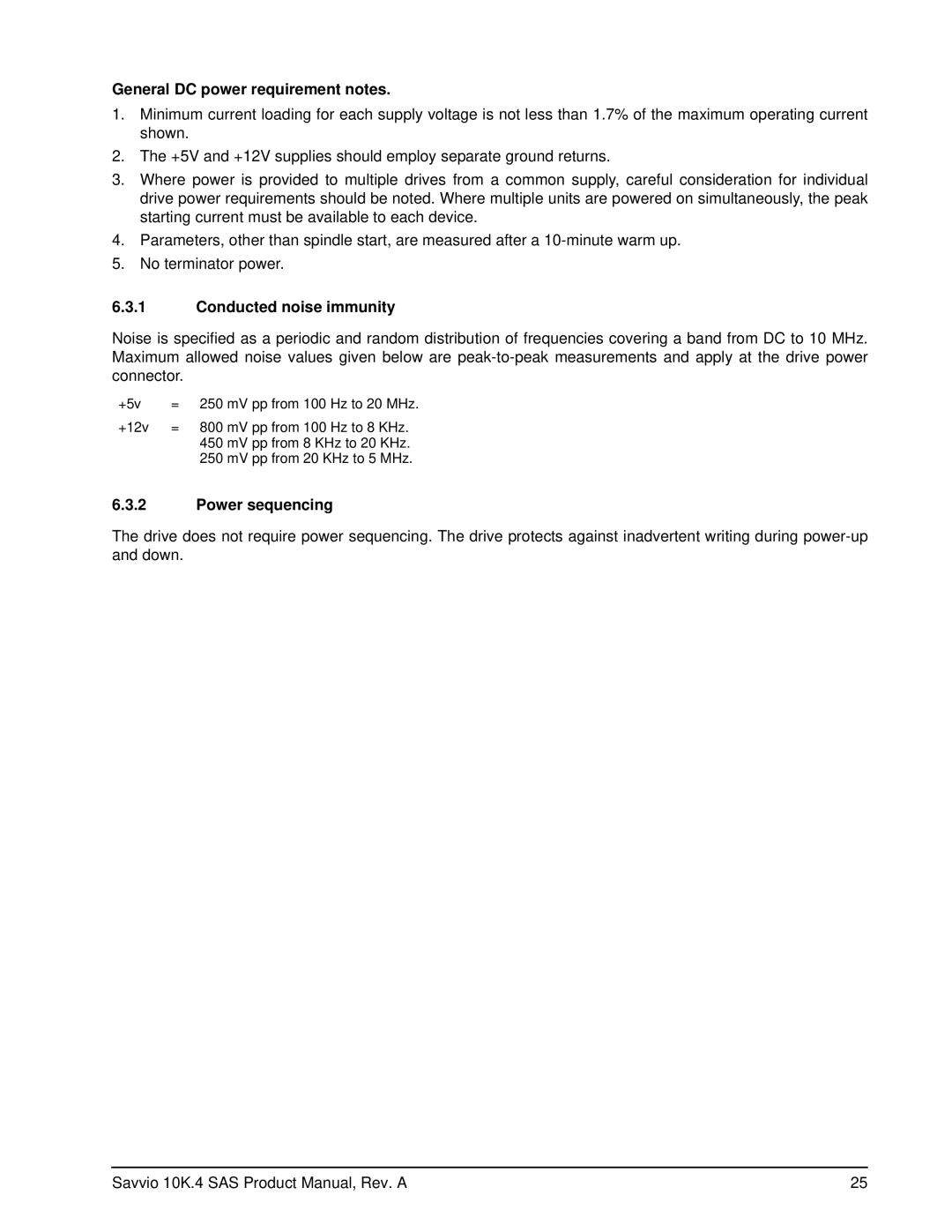 Seagate ST9600104SS, ST9600204SS manual General DC power requirement notes, Conducted noise immunity, Power sequencing 