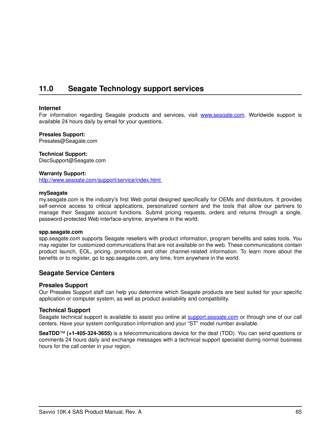 Seagate ST9600104SS, ST9600204SS manual Seagate Technology support services, Internet, Presales Support, Technical Support 