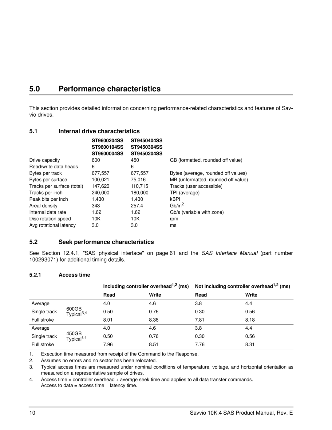 Seagate ST9600204SS manual Performance characteristics, Internal drive characteristics, Seek performance characteristics 