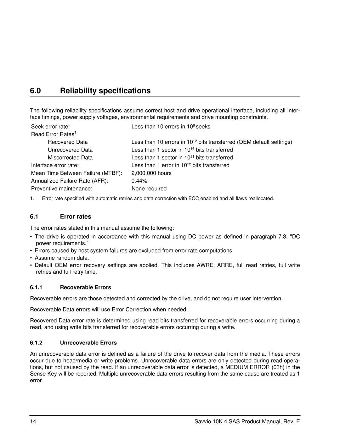 Seagate ST9450204SS, ST9600204SS manual Reliability specifications, Error rates, Recoverable Errors, Unrecoverable Errors 