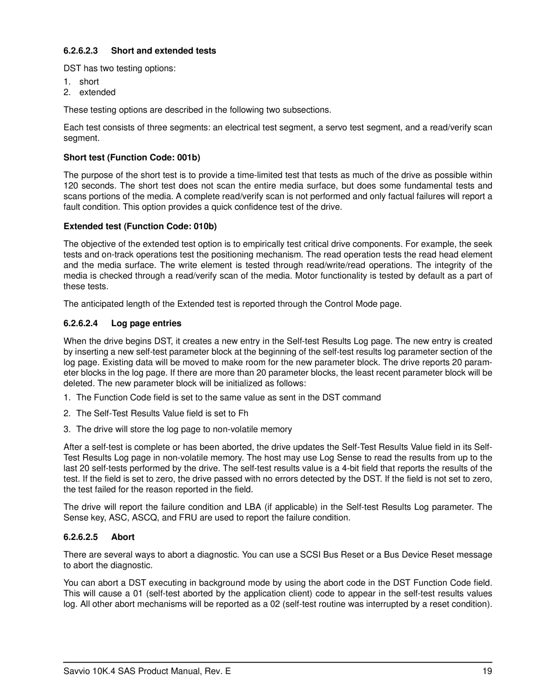 Seagate ST9450304SS manual Short and extended tests, Short test Function Code 001b, Extended test Function Code 010b, Abort 