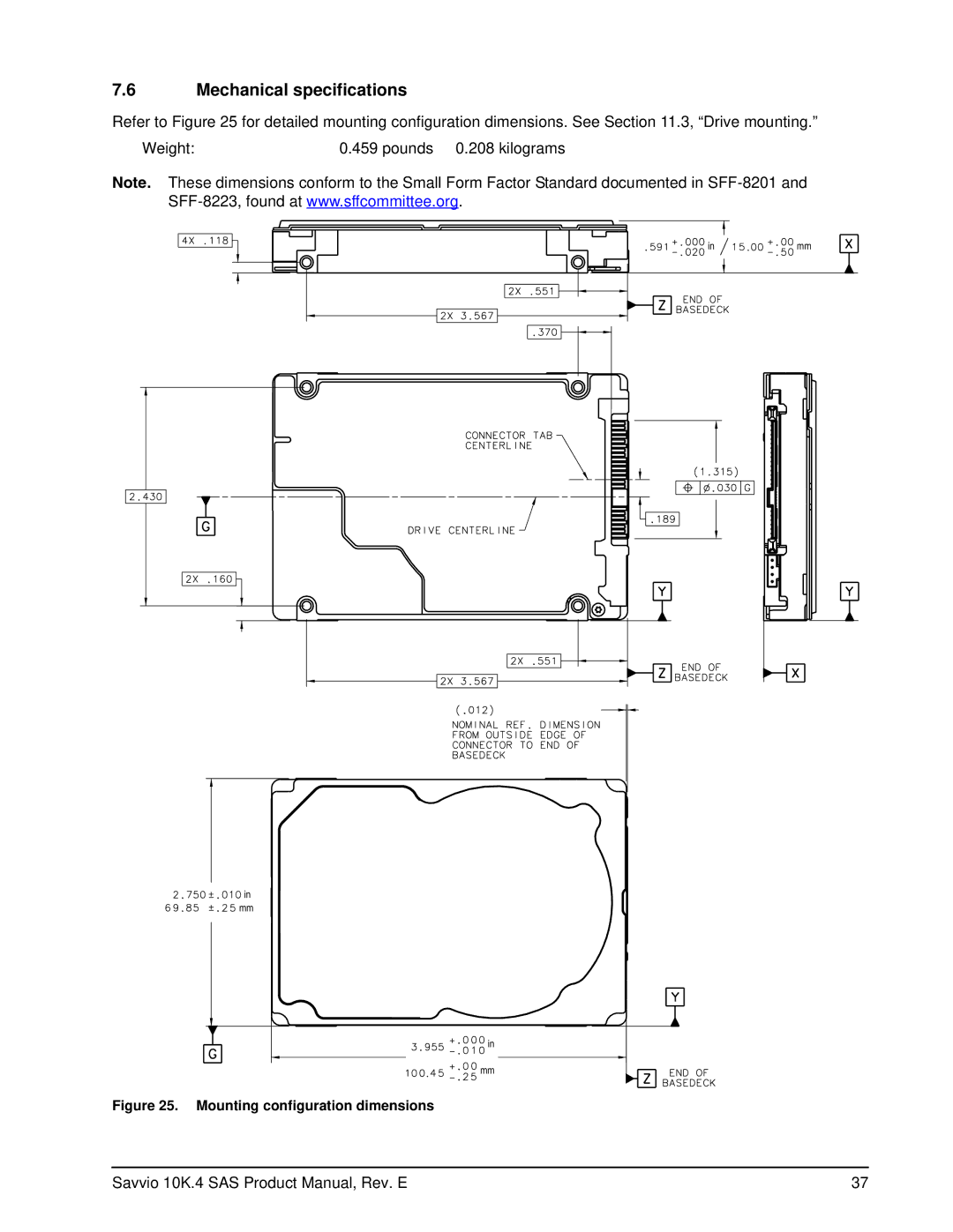 Seagate ST9450304SS, ST9600204SS, ST9600104SS, ST9600004SS manual Mechanical specifications, Mounting configuration dimensions 