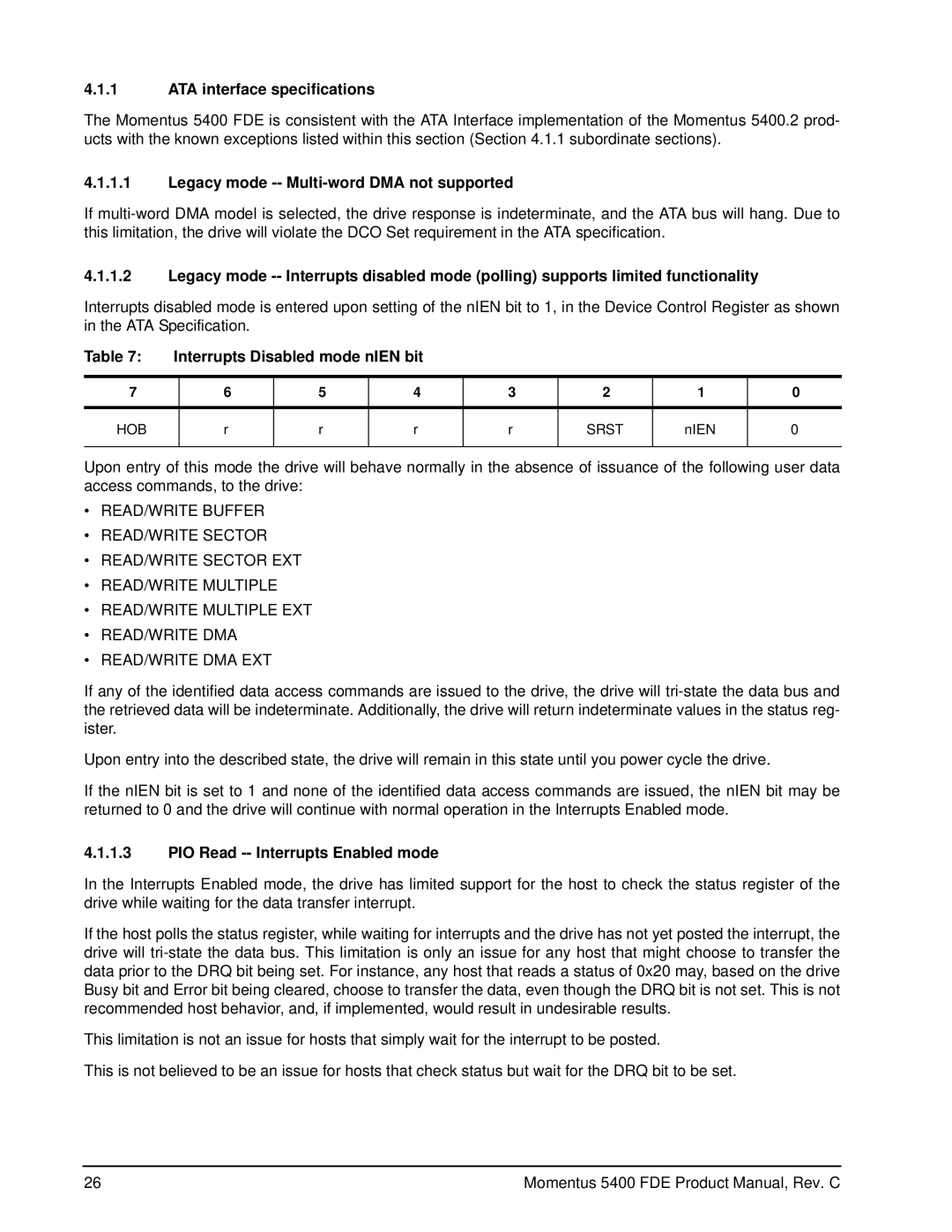 Seagate ST980821A, ST960814A, ST9100826A manual ATA interface specifications, Legacy mode -- Multi-word DMA not supported 