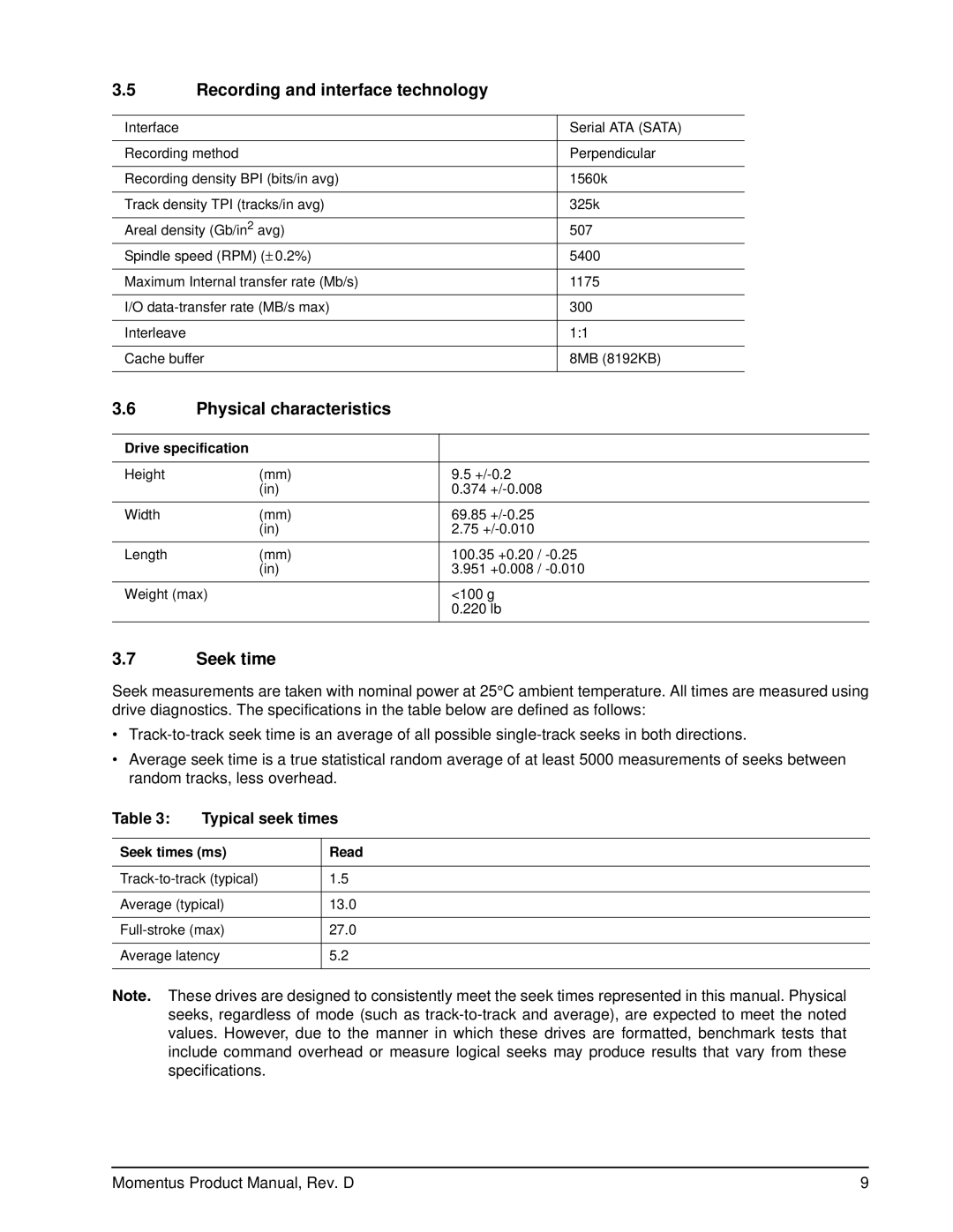 Seagate ST9160316AS manual Recording and interface technology, Physical characteristics, Seek time, Typical seek times 