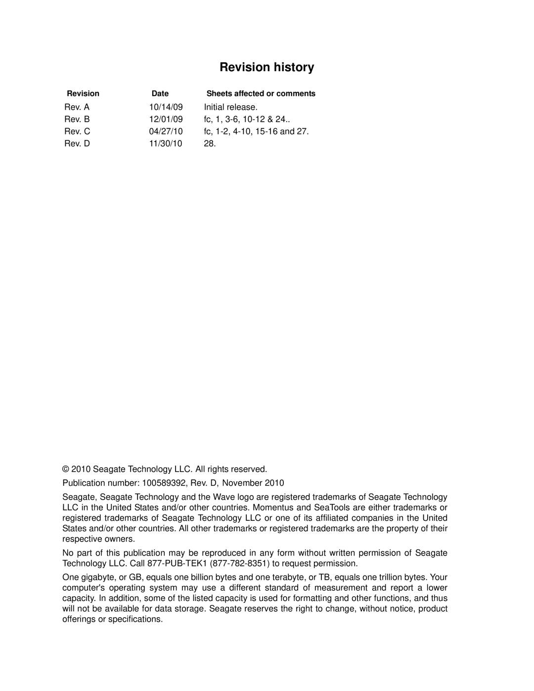 Seagate ST9500320AS, ST9640320AS, ST9640322AS, ST9400321AS, ST9320310AS, ST9320312AS manual Revision history, Revision Date 