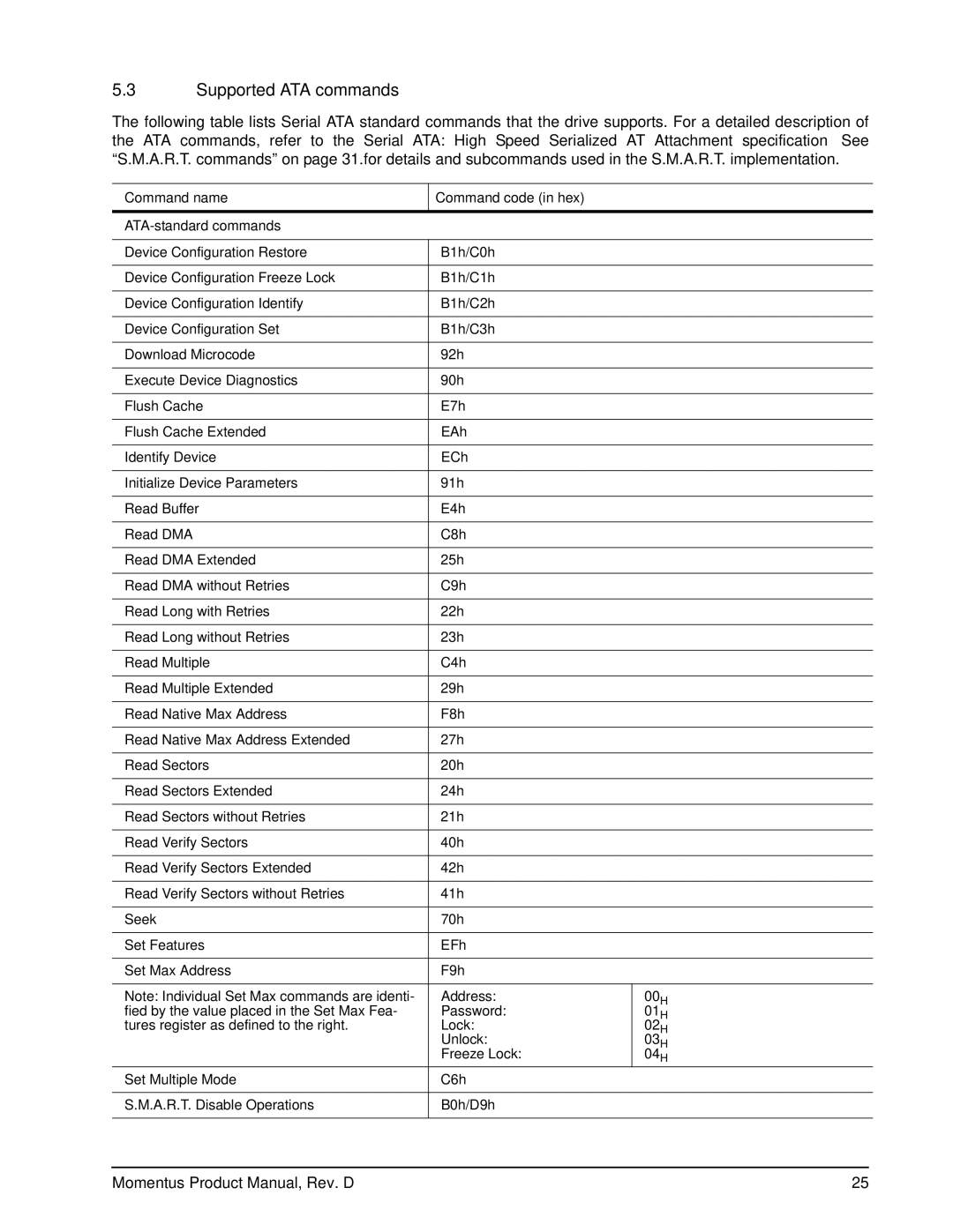 Seagate ST9160316AS, ST9640320AS manual Supported ATA commands, Command name Command code in hex ATA-standard commands 