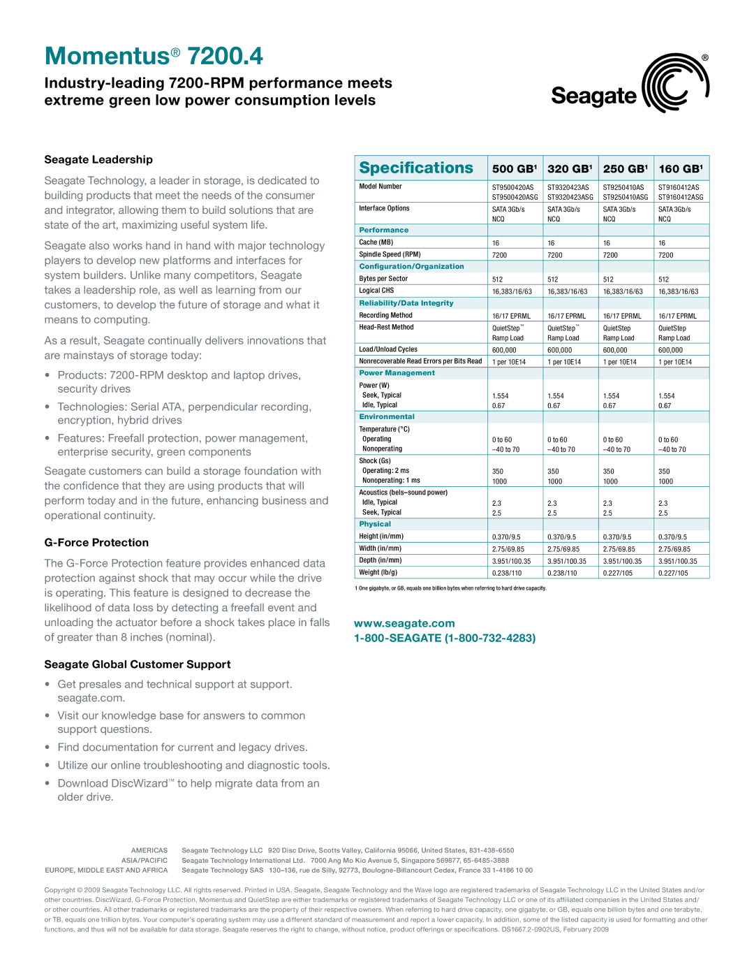 Seagate ST9640420AS Seagate Leadership, Force Protection, Seagate Global Customer Support, 500 GB 320 GB 250 GB 160 GB 