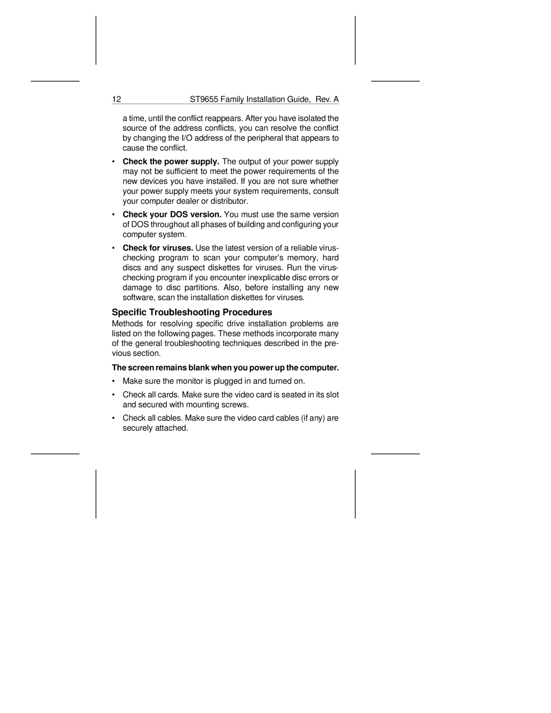 Seagate ST9655AG, ST9550AG manual Specific Troubleshooting Procedures, Screen remains blank when you power up the computer 