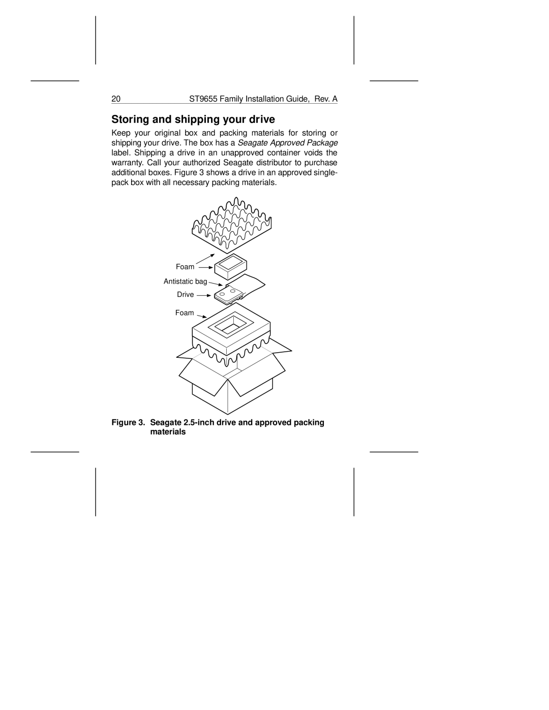 Seagate ST9655AG, ST9550AG manual Storing and shipping your drive, Seagate 2.5-inch drive and approved packing materials 
