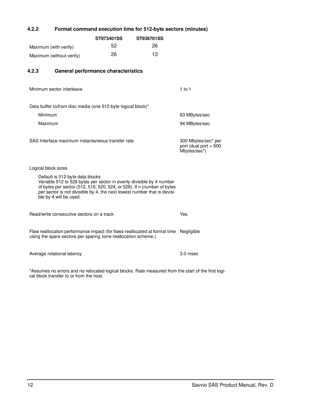 Seagate ST973401SS manual Format command execution time for 512-byte sectors minutes, General performance characteristics 