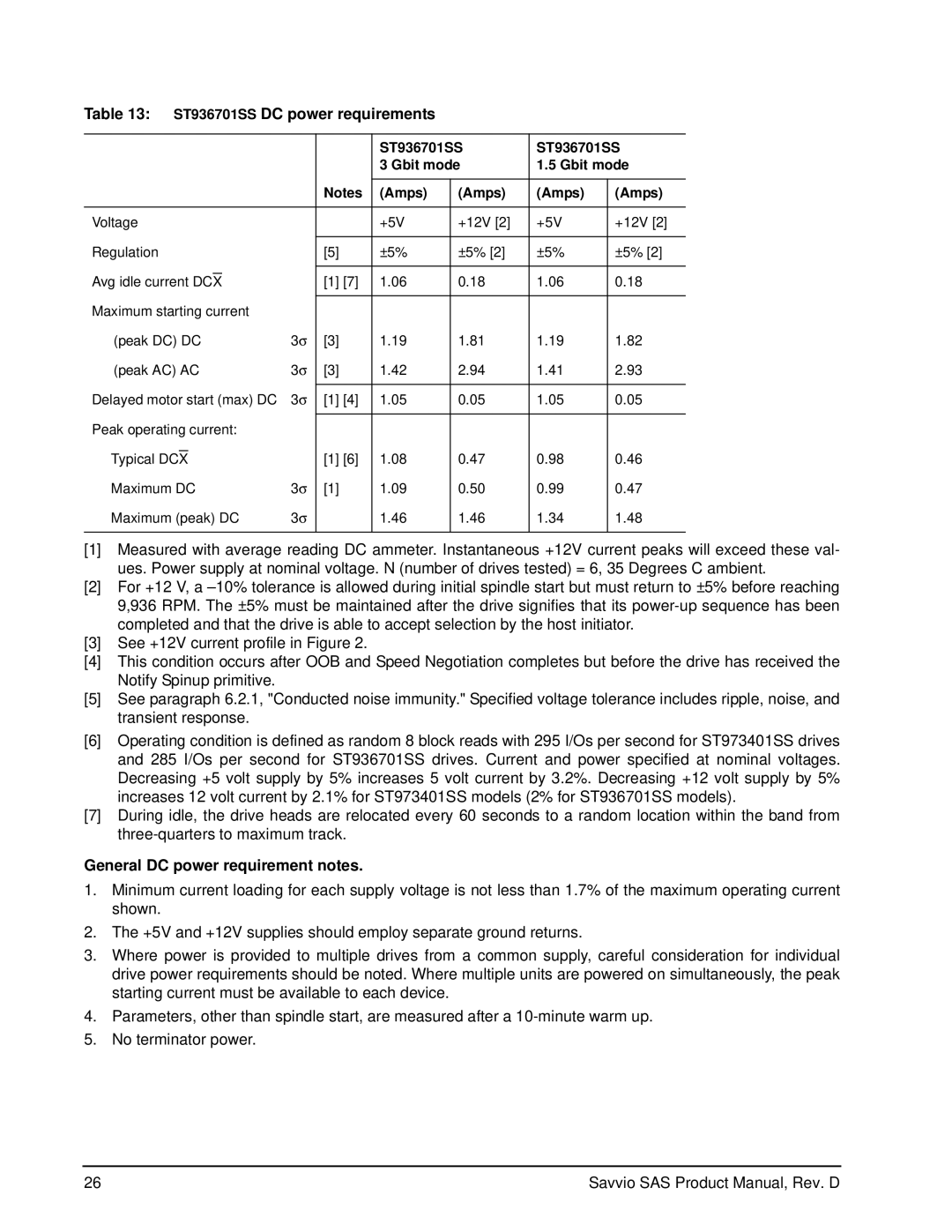 Seagate ST973401SS manual ST936701SS DC power requirements, General DC power requirement notes, ST936701SS Gbit mode Amps 