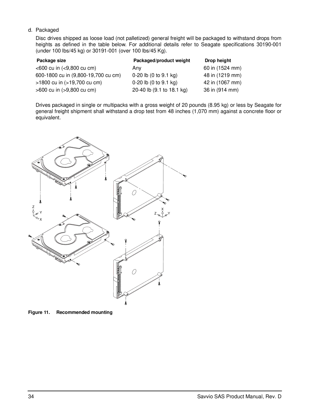 Seagate ST973401SS, ST936701SS manual Package size Packaged/product weight Drop height, Recommended mounting 