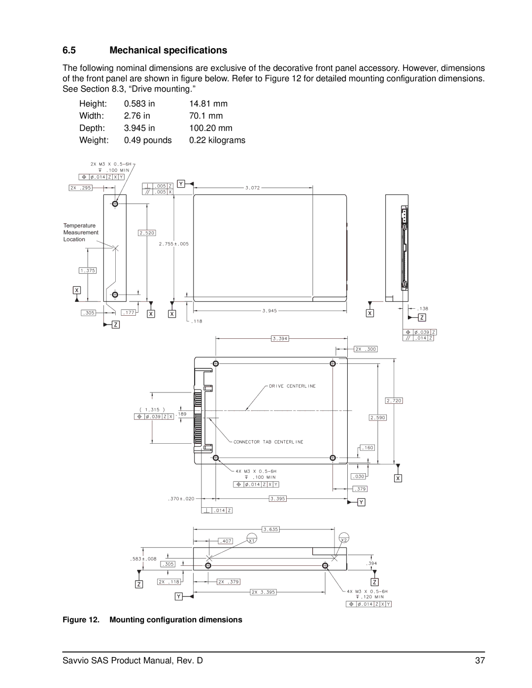 Seagate ST936701SS, ST973401SS manual Mechanical specifications, Mounting configuration dimensions 