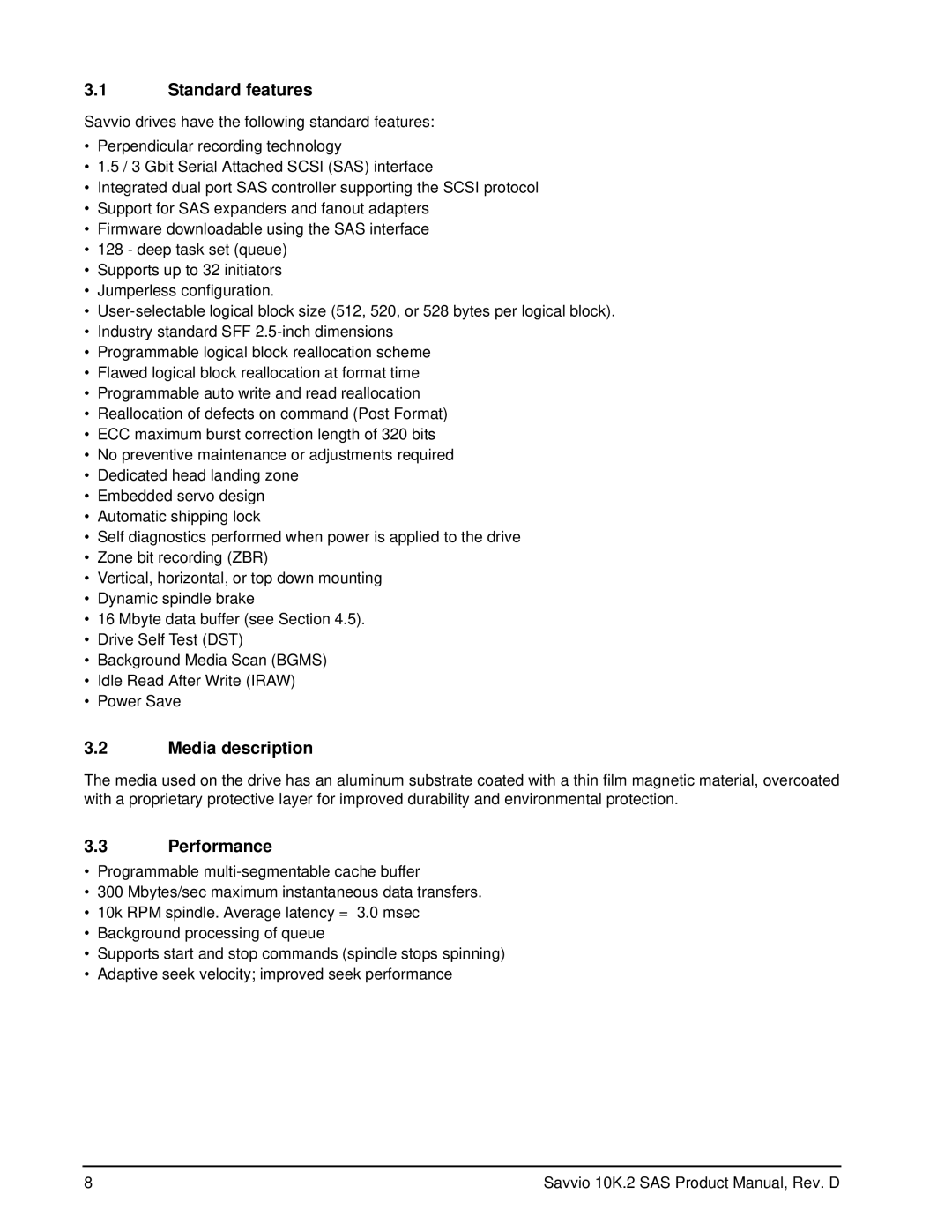 Seagate ST973402SS, ST9146802SS manual Standard features, Media description, Performance 