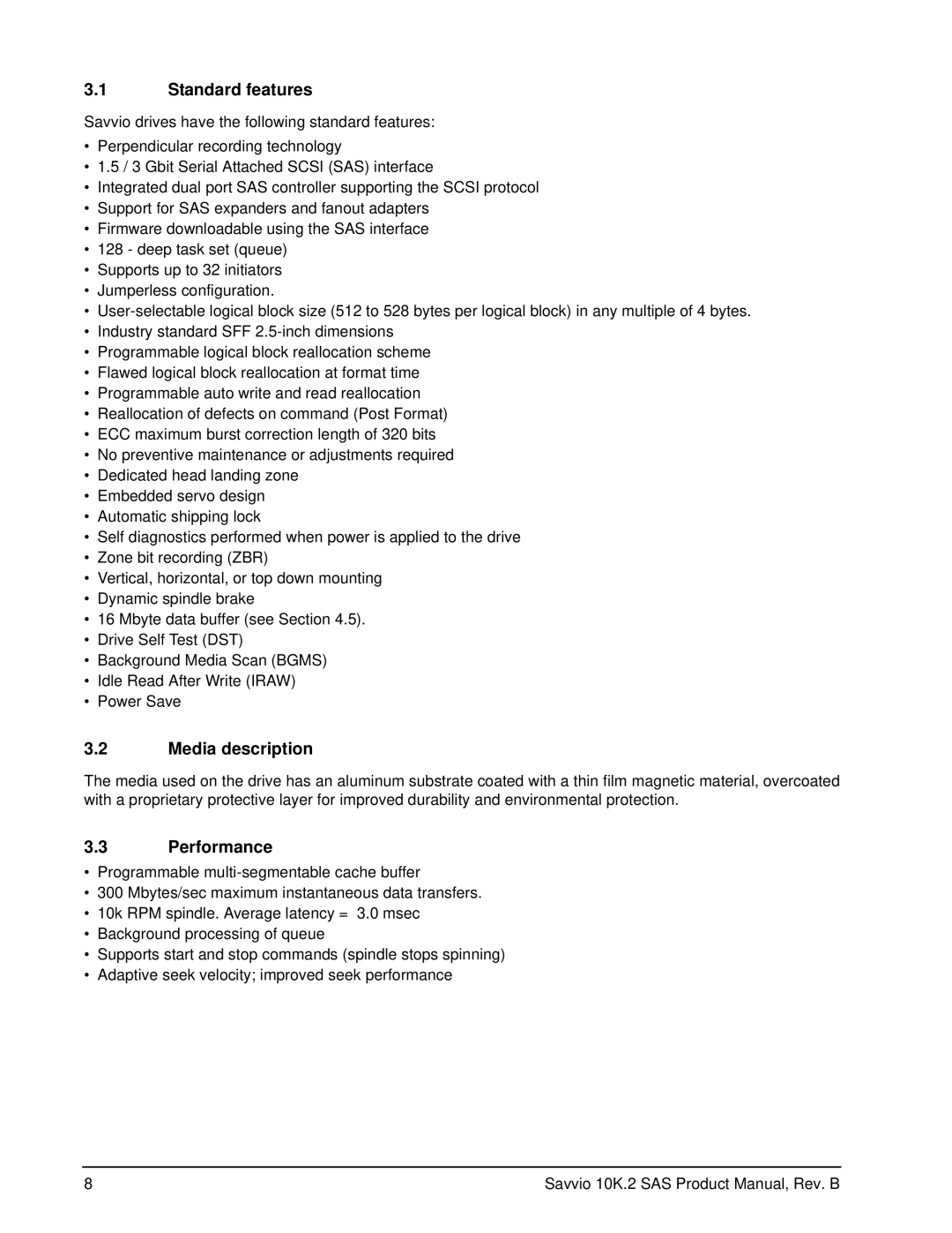 Seagate ST973402SS, ST9146802SS manual Standard features, Media description, Performance 