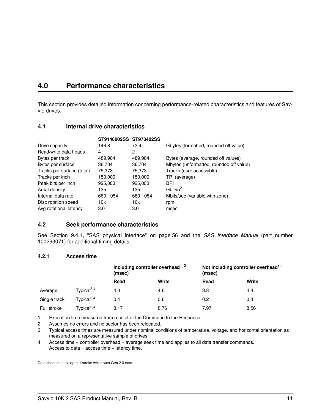 Seagate ST9146802SS manual Performance characteristics, Internal drive characteristics, Seek performance characteristics 