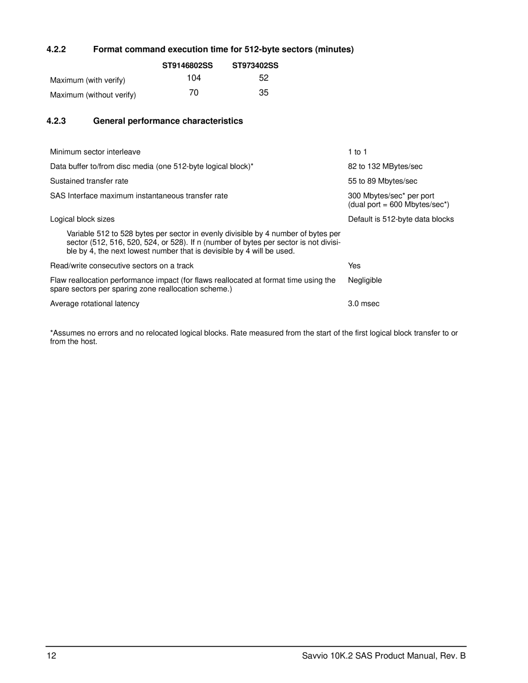 Seagate ST973402SS manual Format command execution time for 512-byte sectors minutes, General performance characteristics 