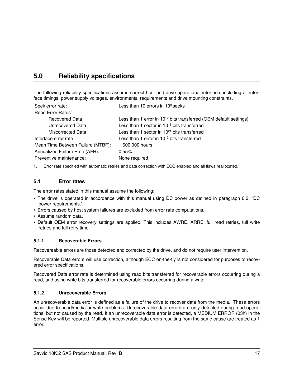 Seagate ST9146802SS, ST973402SS manual Reliability specifications, Error rates, Recoverable Errors, Unrecoverable Errors 