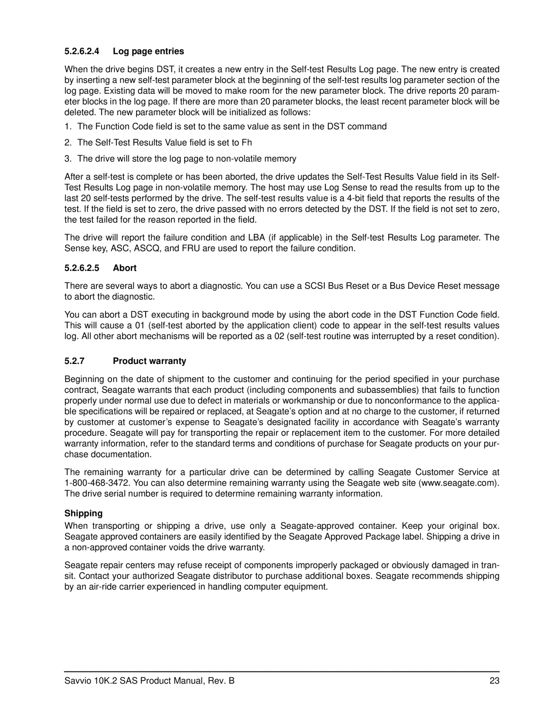 Seagate ST9146802SS, ST973402SS manual Log page entries, Abort, Product warranty, Shipping 