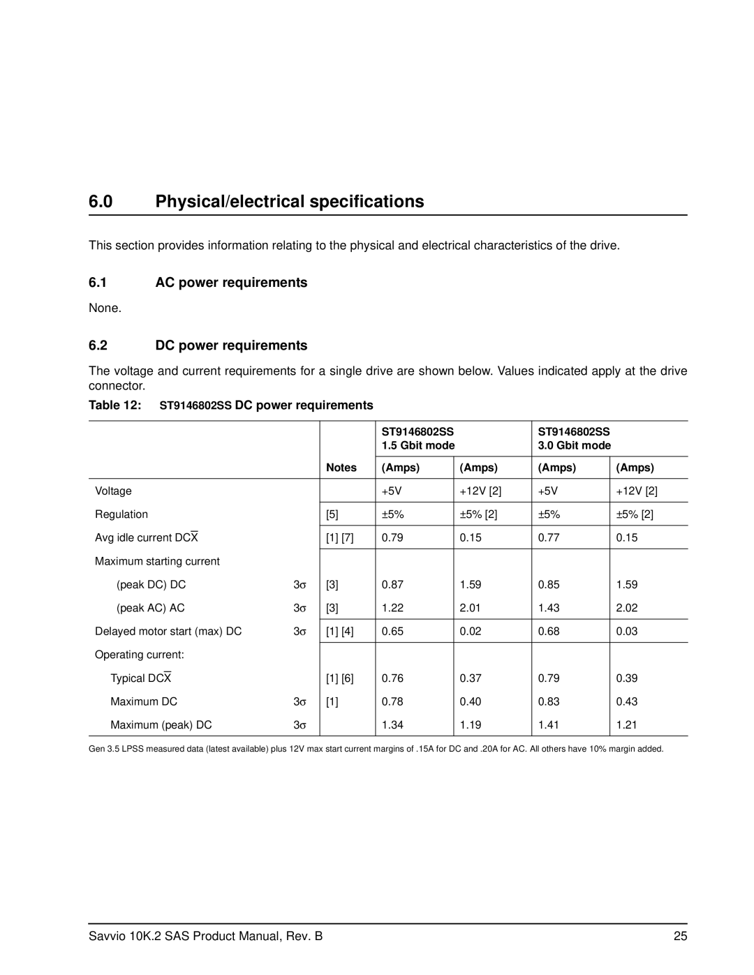 Seagate ST9146802SS, ST973402SS manual Physical/electrical specifications, AC power requirements, DC power requirements 