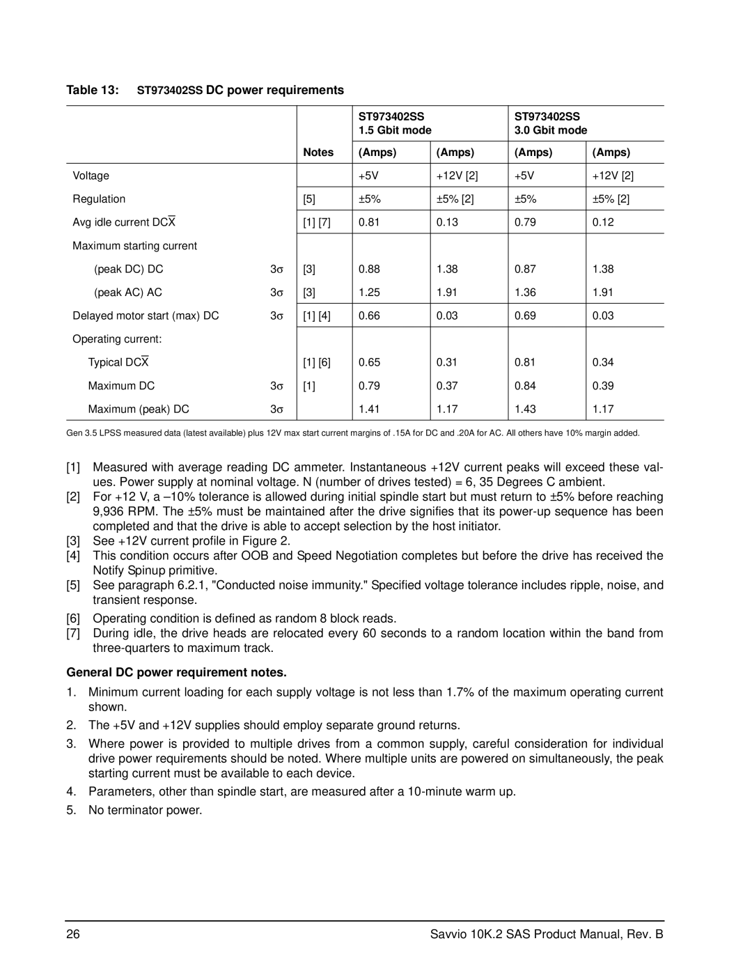 Seagate ST9146802SS ST973402SS DC power requirements, General DC power requirement notes, ST973402SS Gbit mode Amps 