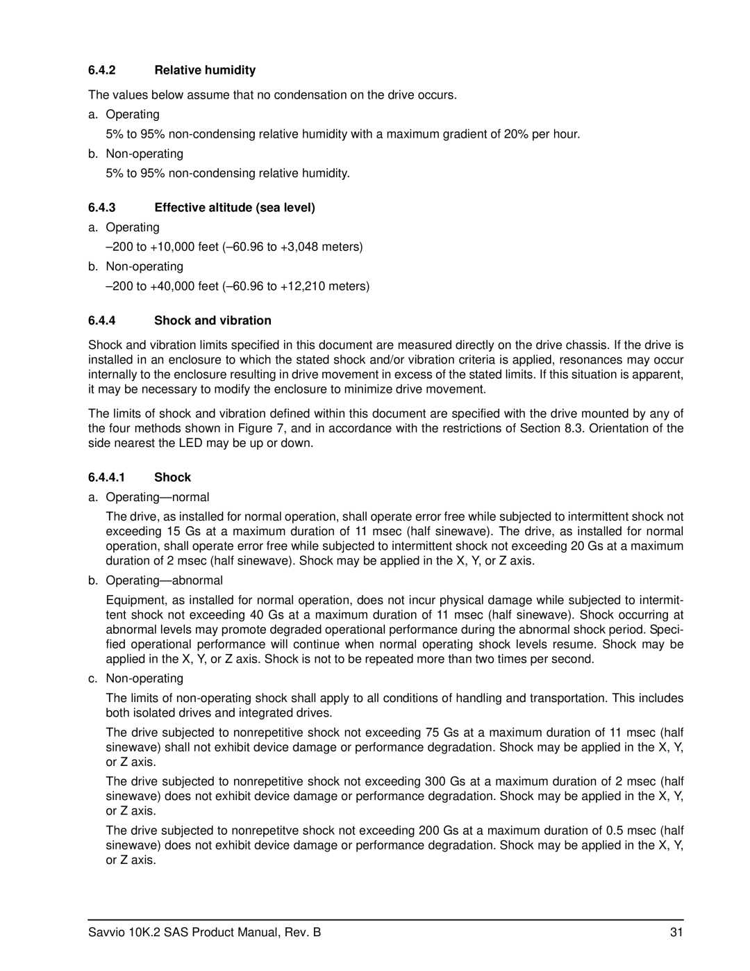 Seagate ST9146802SS, ST973402SS manual Relative humidity, Effective altitude sea level, Shock and vibration 