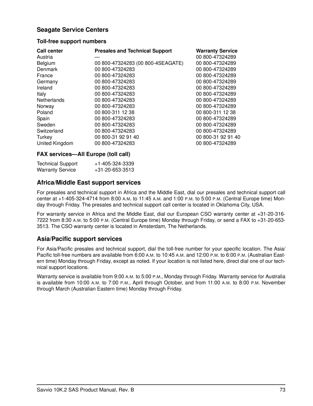 Seagate ST9146802SS, ST973402SS manual Toll-free support numbers, FAX services-All Europe toll call 