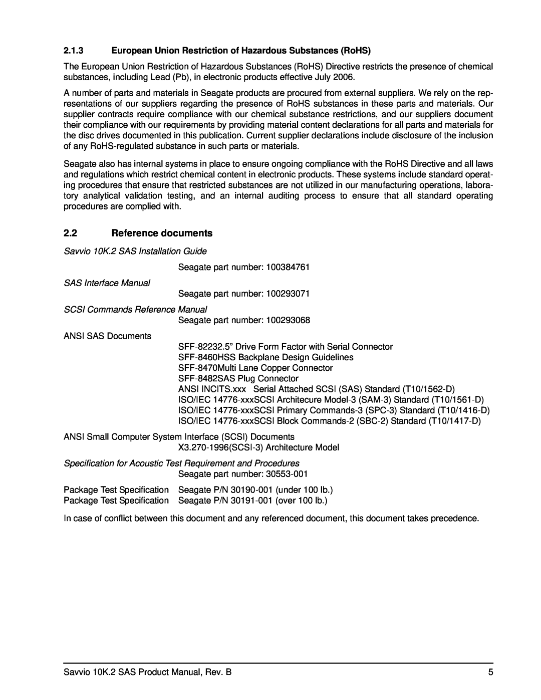 Seagate ST9146802SS Reference documents, European Union Restriction of Hazardous Substances RoHS, SAS Interface Manual 