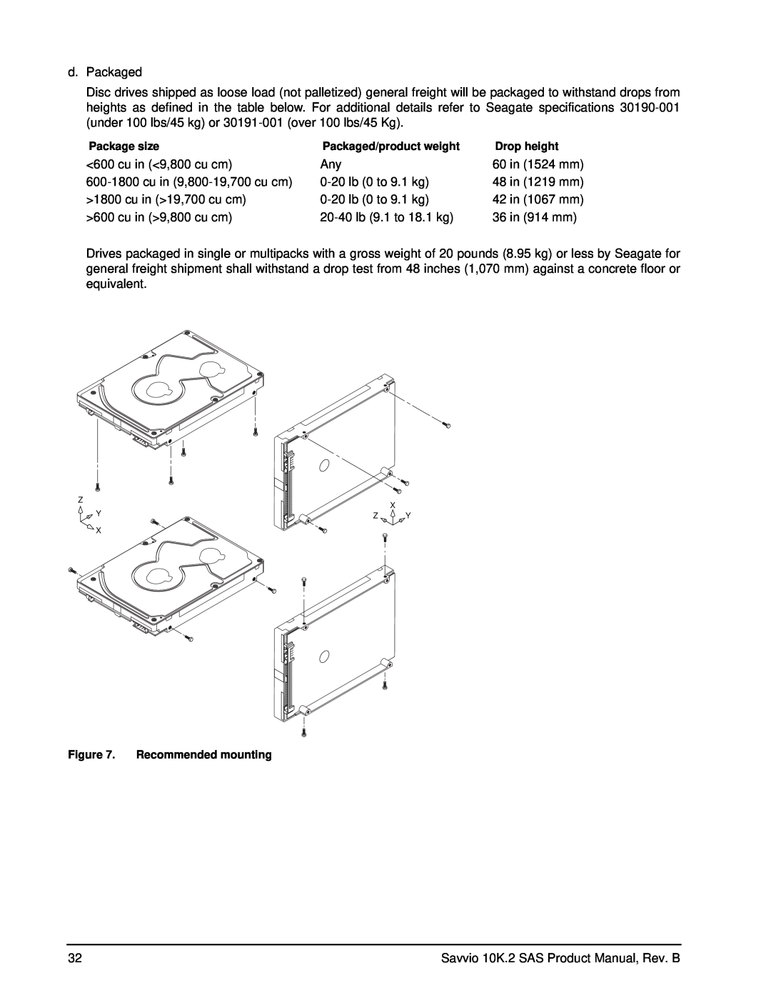 Seagate ST973402SS, ST9146802SS manual Package size, Packaged/product weight, Drop height, Recommended mounting, Z X Yz Y X 
