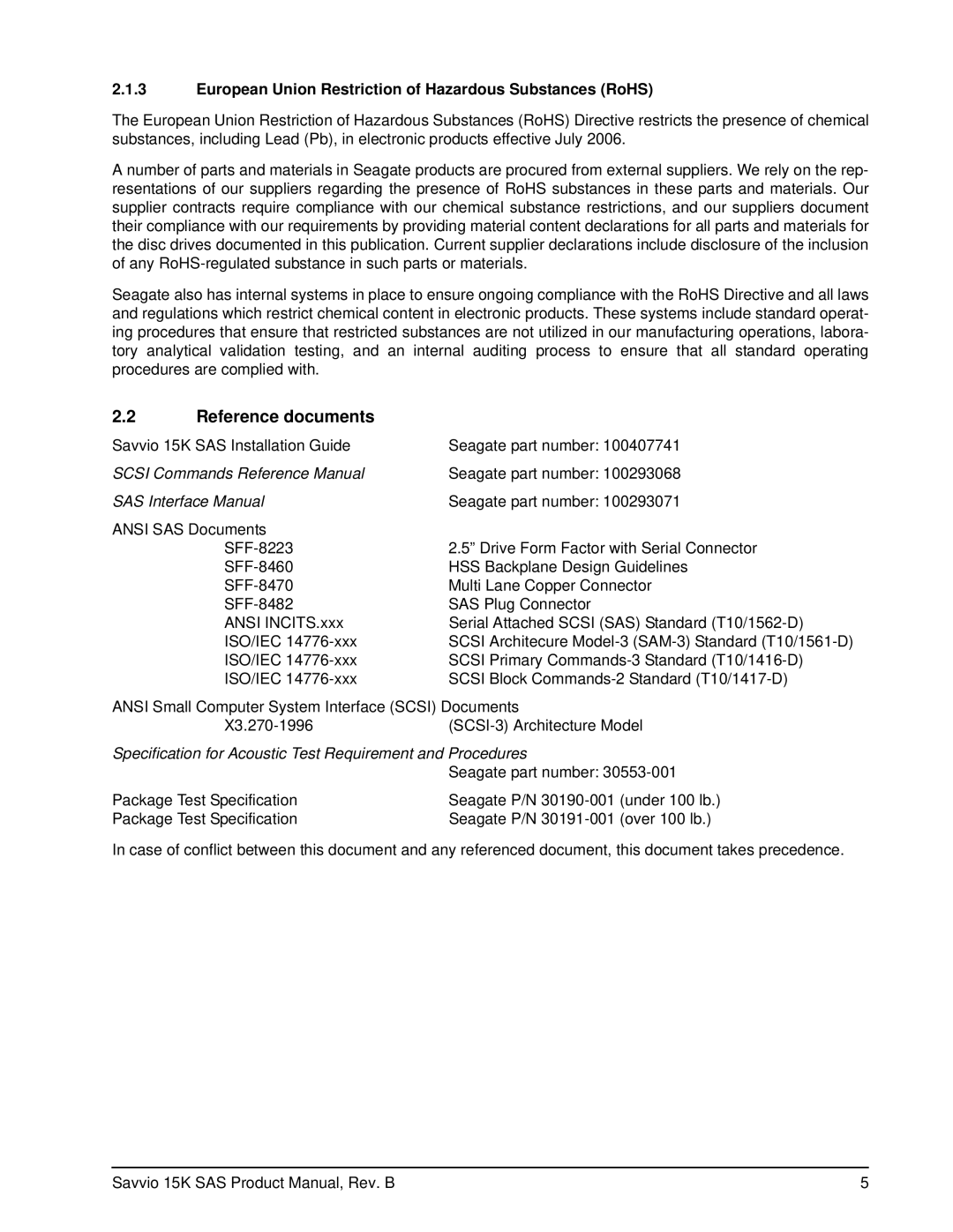 Seagate ST936751SS, ST973451SS manual Reference documents, European Union Restriction of Hazardous Substances RoHS 