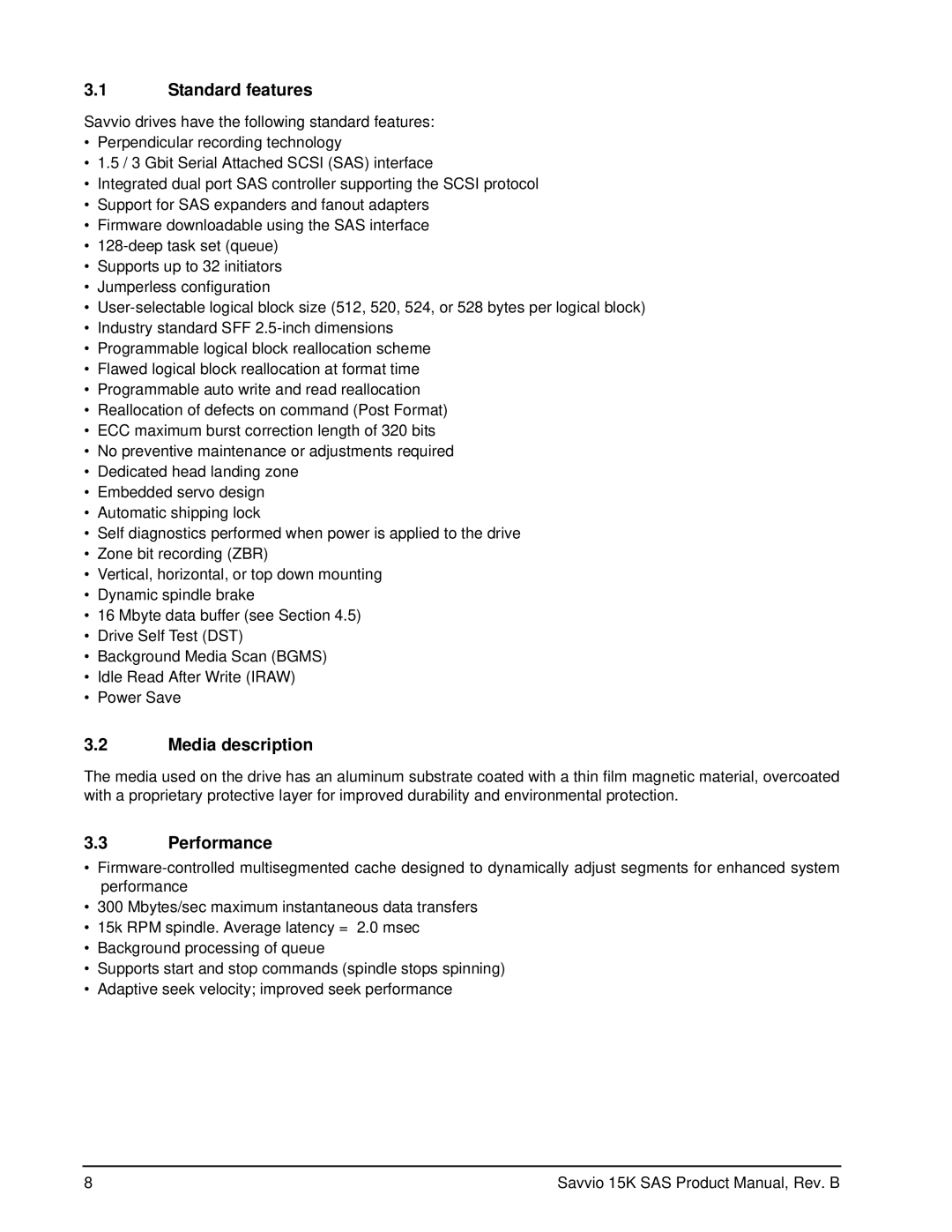 Seagate ST973451SS, ST936751SS manual Standard features, Media description, Performance 