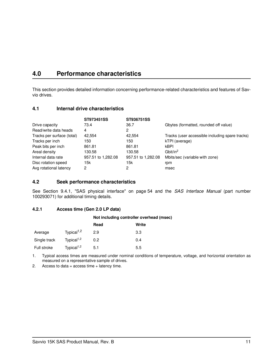 Seagate ST936751SS manual Performance characteristics, Internal drive characteristics, Seek performance characteristics 