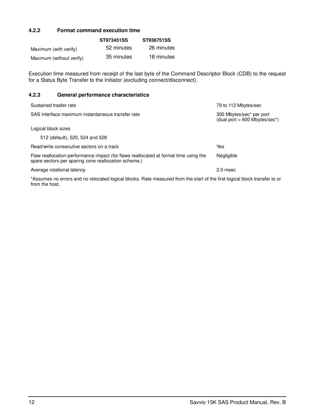 Seagate ST973451SS, ST936751SS manual Format command execution time, General performance characteristics 