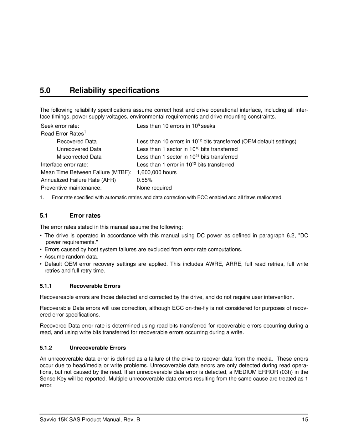 Seagate ST936751SS, ST973451SS manual Reliability specifications, Error rates, Recoverable Errors, Unrecoverable Errors 