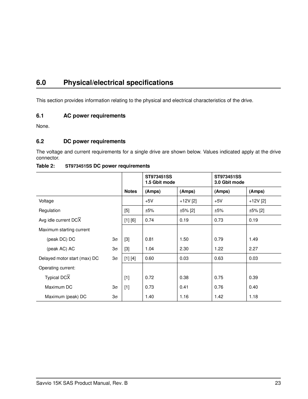 Seagate ST936751SS, ST973451SS manual Physical/electrical specifications, AC power requirements, DC power requirements 