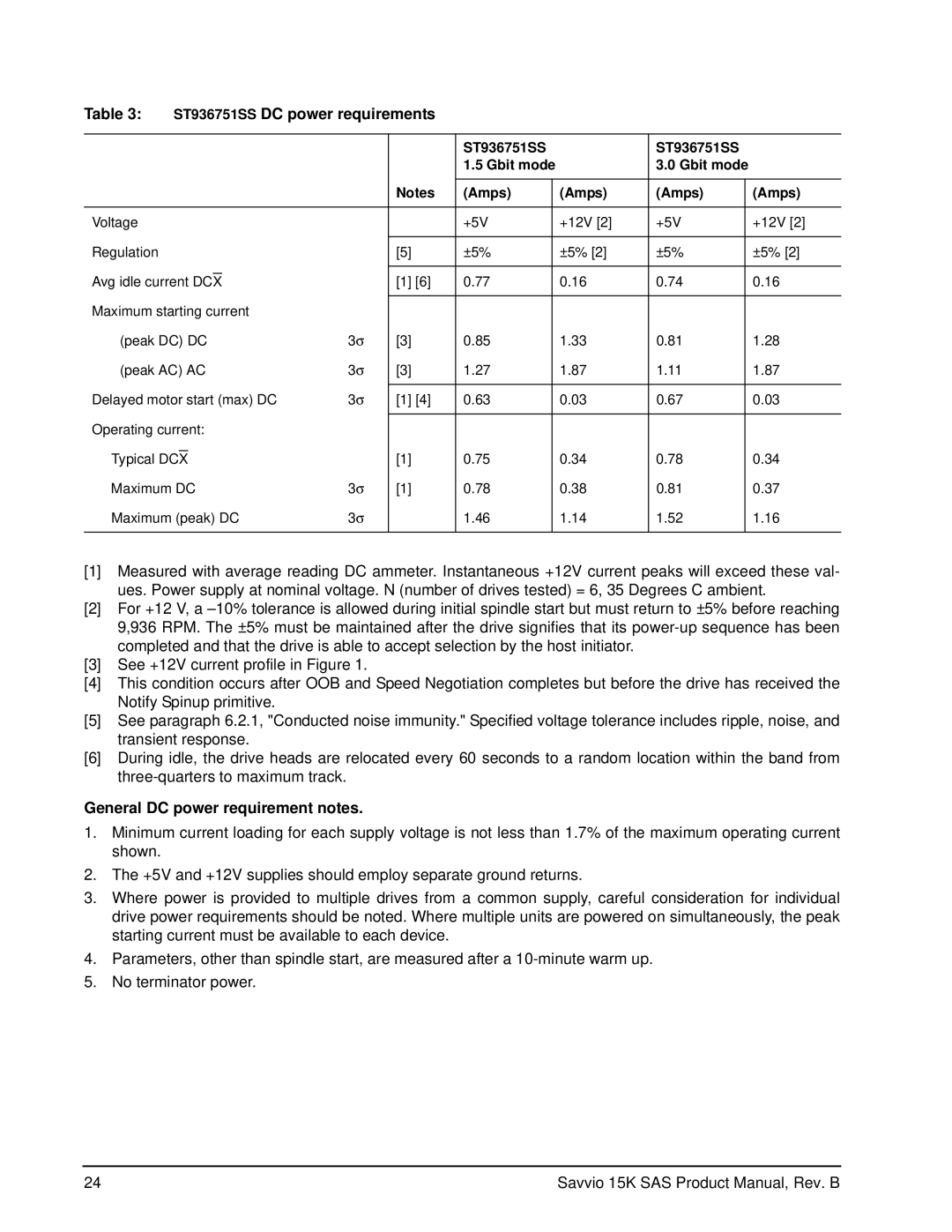 Seagate ST973451SS manual ST936751SS DC power requirements, General DC power requirement notes 