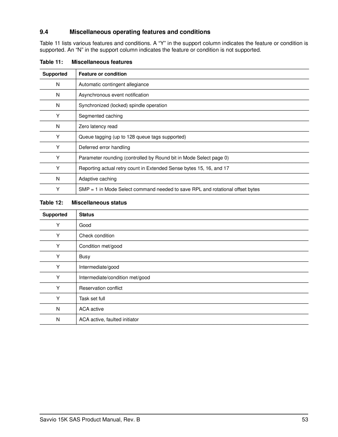 Seagate ST936751SS manual Miscellaneous operating features and conditions, Miscellaneous features, Miscellaneous status 