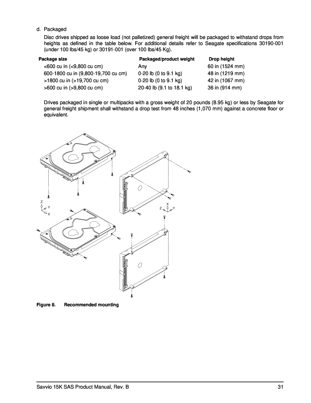 Seagate ST936751SS, ST973451SS manual Package size, Packaged/product weight, Drop height, Recommended mounting, Z X Yz Y X 