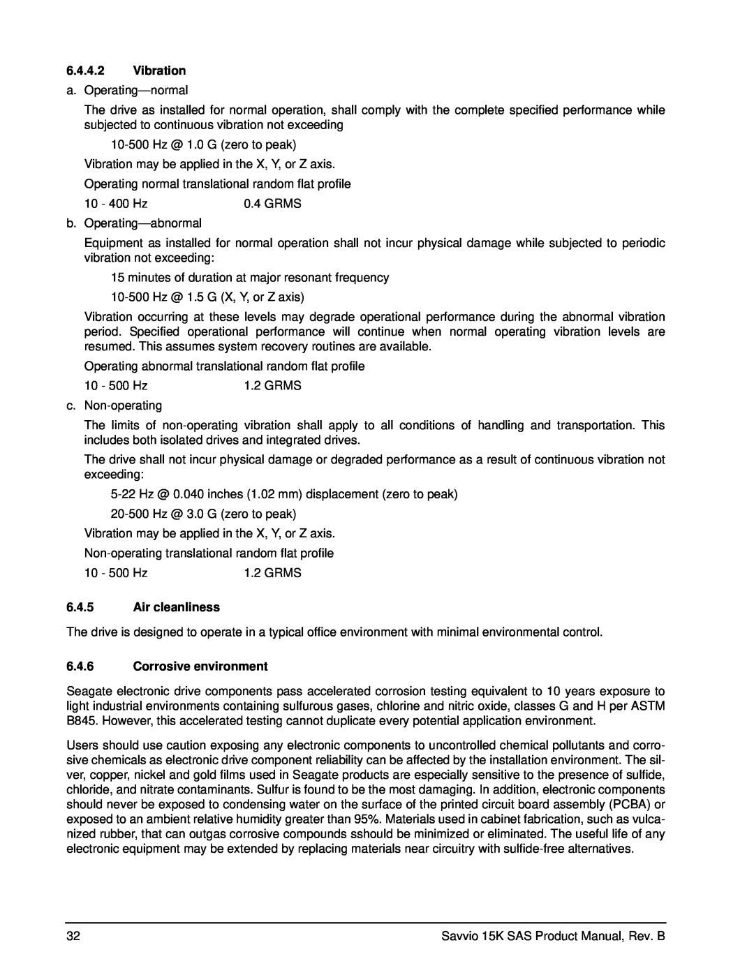 Seagate ST973451SS, ST936751SS manual Vibration, Air cleanliness, Corrosive environment 