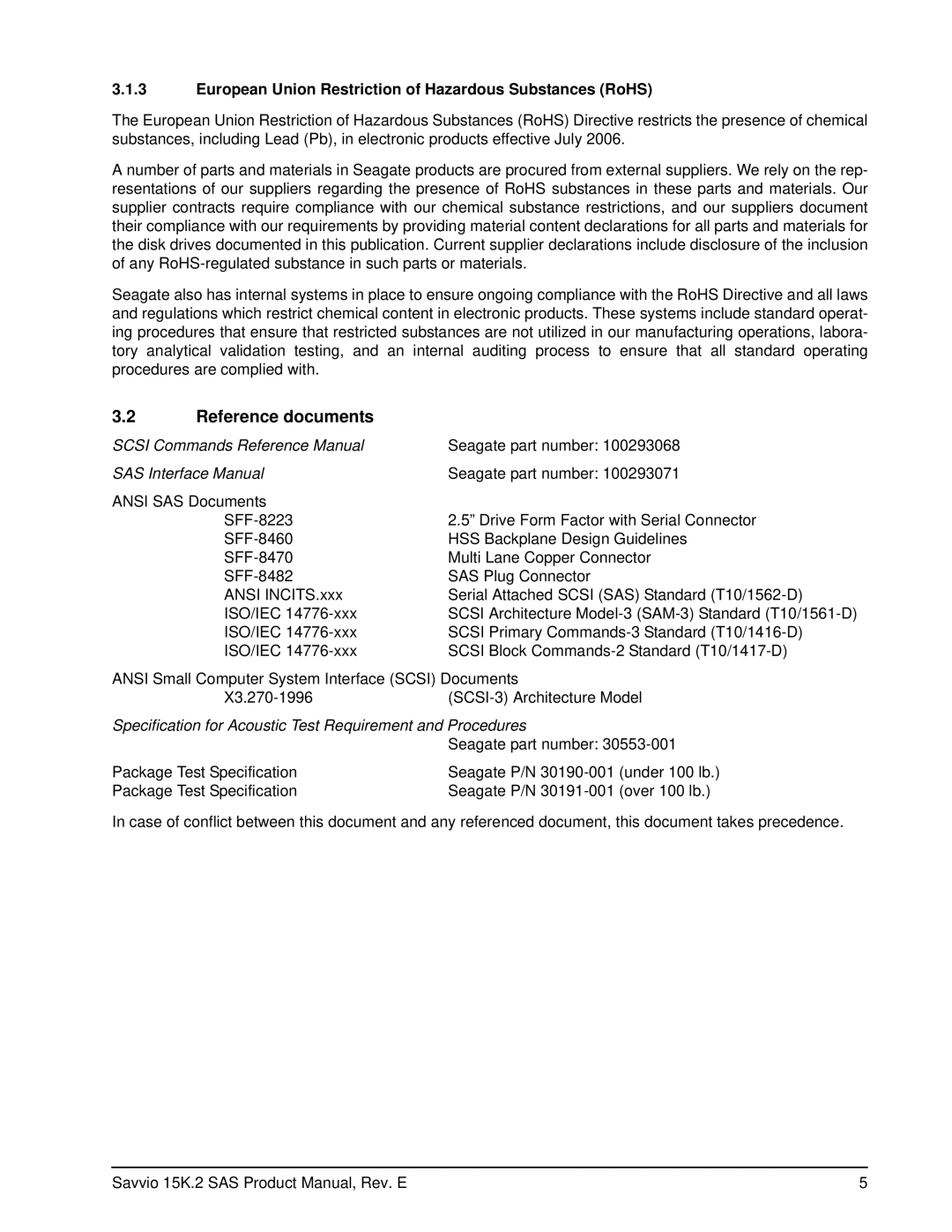 Seagate ST973352SS, ST973452SS, ST973252SS Reference documents, European Union Restriction of Hazardous Substances RoHS 